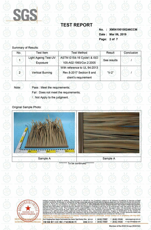 หลังคามุงจากกกสังเคราะห์ทนไฟและรายงานการทดสอบการสัมผัสรังสี UV ตามมาตรฐาน UL 94-2013